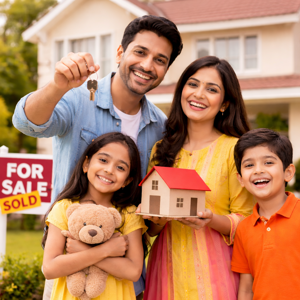 Smiling Indian family of four outside their newly purchased home, with parents holding keys and a model house.