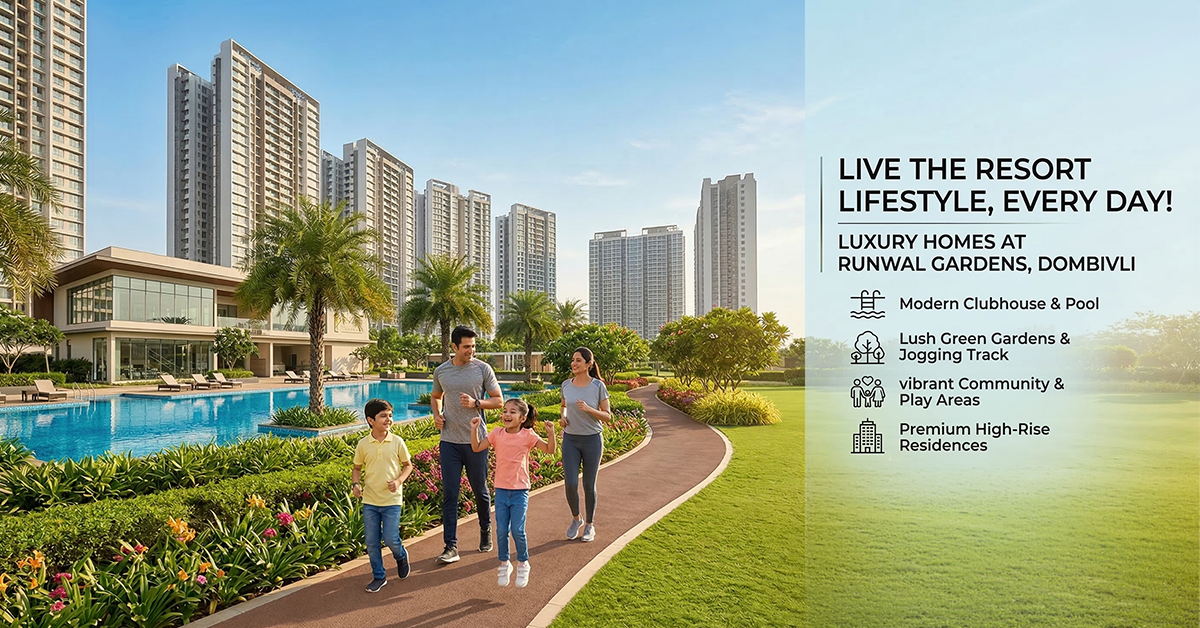 Happy family enjoys a resort lifestyle in Runwal Gardens Dombivli luxury high-rise homes.
